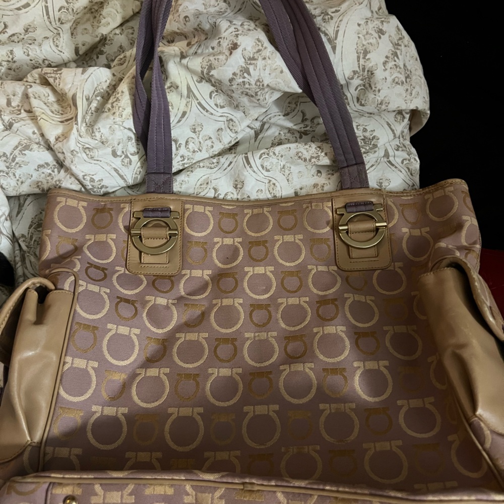 salvatore ferragamo Designer Beige and Purple Tote Bag w leather